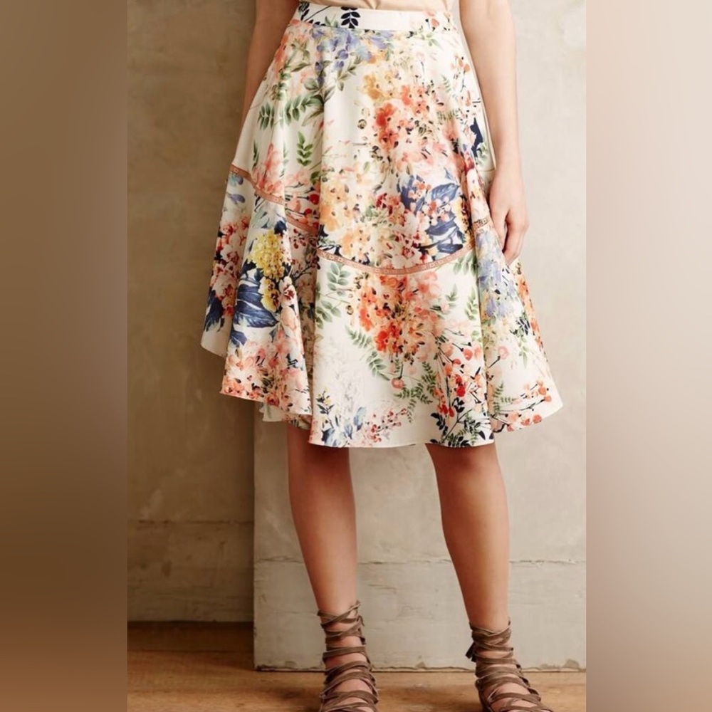Anthropologie Ranna Gill Floral Gardin Botanical Garden Skirt Creme Sz 2